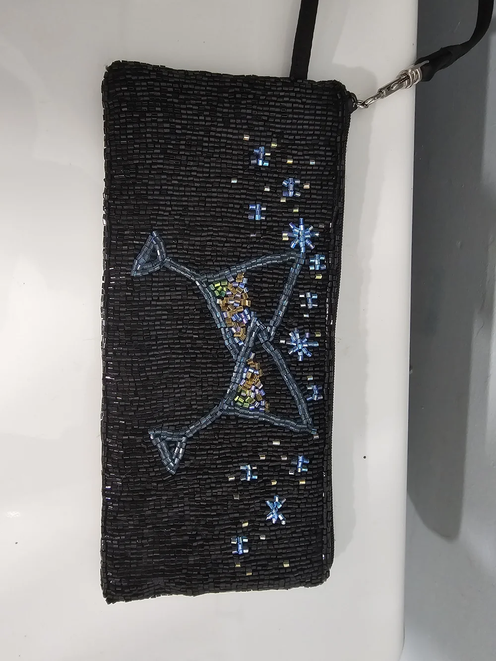 Liz Claiborne Black Beaded Wristlet Clutch with Blue & Multicolor Martini